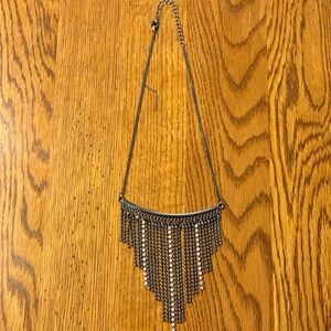 Gunmetal Fringe Statement Necklace Beaded Rhinestone Bib Chain Festival Boho
